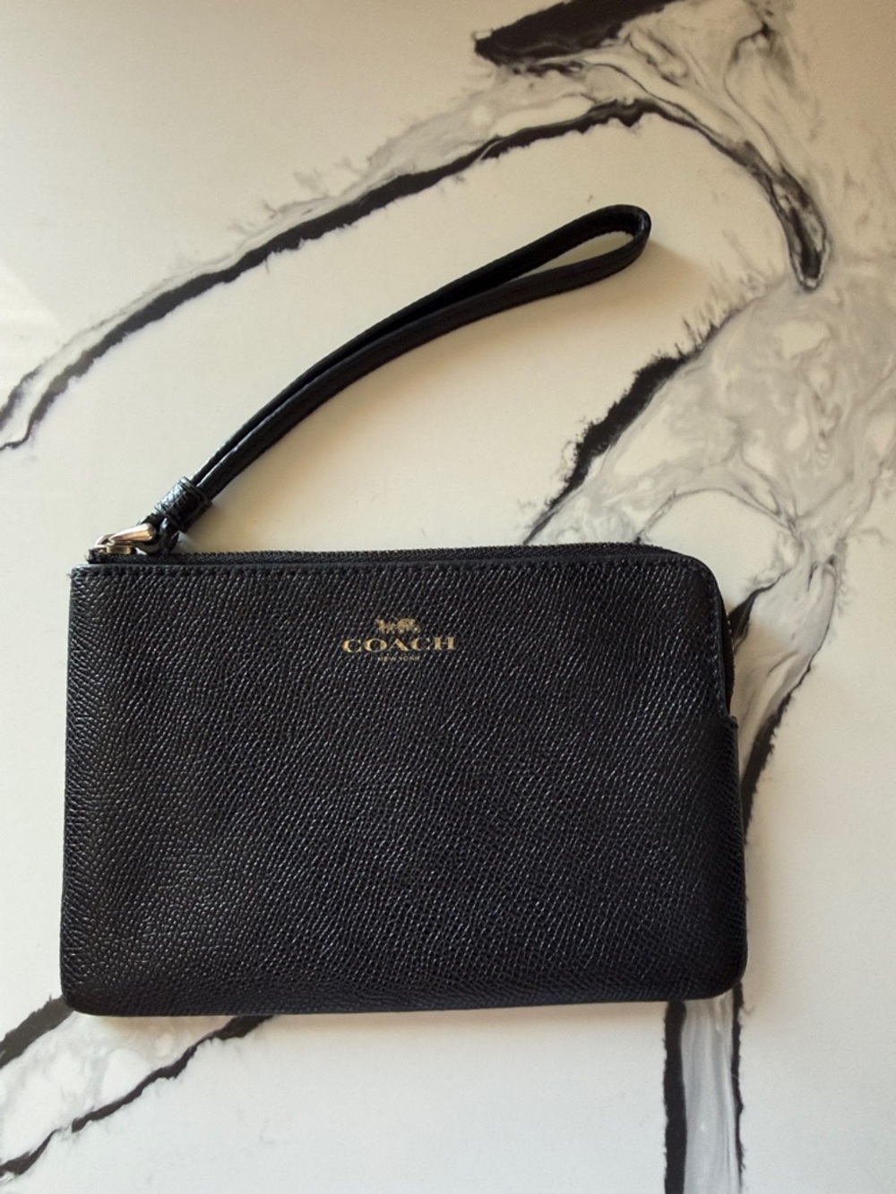 Coach Black Pebbled Leather Wristlet with Gold Logo